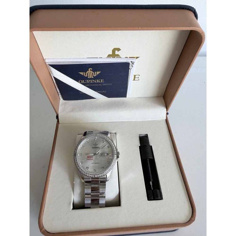 OUPINKE Automatic Day/Date Silver Dial Stainless Steel Bracelet Watch w/Box